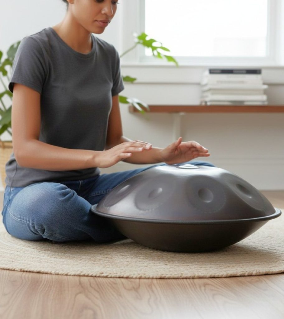 Woman playing a nitrided handpan drum seated on a jute rug in a bright home setting, as part of a handpan care guide
