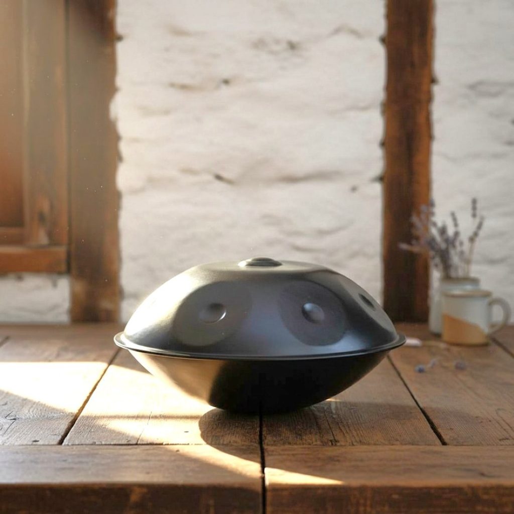 Nitrided handpan resting on a rustic wooden table in natural light