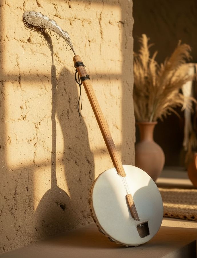 Ngoni leaning against a sun-lit mud wall, with dried grasses and ceramic pots in the background
