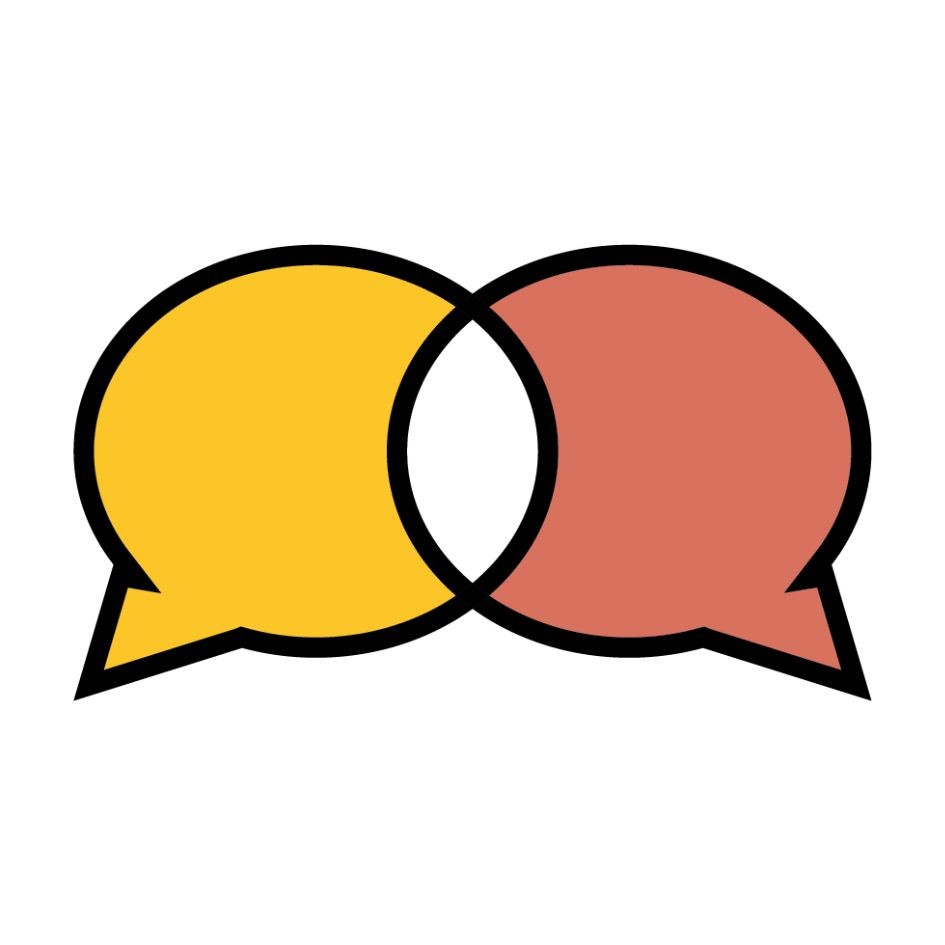 Two overlapping speech bubble icons symbolising communication, representing the role of dialogue and collaboration in African drumming corporate team building workshops.