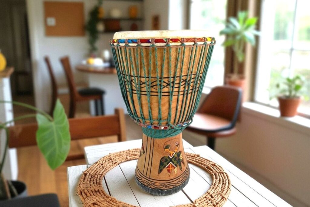 Finished custom djembe with green rope and detailed carvings, displayed indoors after completion.
