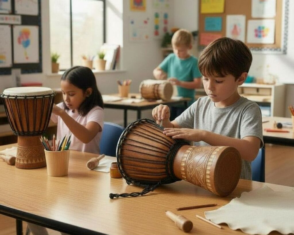 Children working on djembe drum making in a classroom during a school workshop