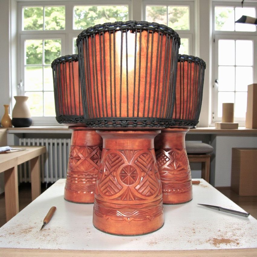 Hand-carved vegan djembes with synthetic drum heads and detailed wooden shells, shown in a workshop setting to highlight their craftsmanship and weather-resistant design.