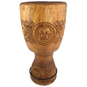 iroko djembe shell with lion carvings