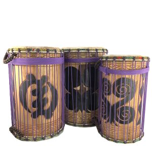 set of ghana duns with carvings and cow skins