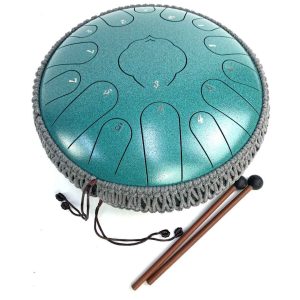 Steel Tongue Drum 15 Note Malachite with protective edge cover and wooden mallets on white background.