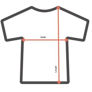 T-shirt measurement guide showing how to measure width (armpit to armpit) and length (shoulder to hem) on a flat laid tee.