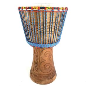 hand carved djembe with blue rope