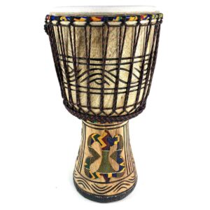 12.5 inch handcrafted Ghana djembe with carved hardwood shell and goatskin head