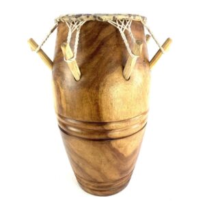 Handcrafted Ghanaian Kpanlogo drum with carved hardwood shell and cowskin head