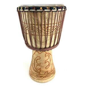 Lightweight Ghana djembe with curved playing edge and natural goat skin