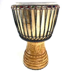 Huge 15.25 inch Primo Series Guinea djembe in golden Melina hardwood with thick yearling skin