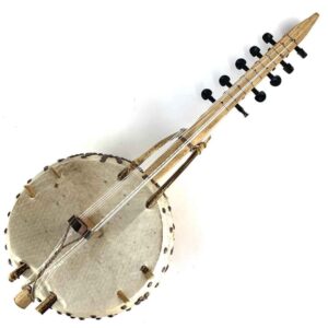 Small travel Kamale Ngoni with kangaroo skin soundboard and ebony tuning pegs