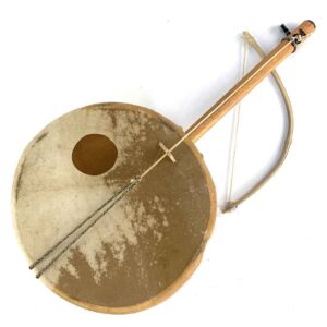 West African Soku fiddle with pinned kangaroo skin, calabash resonator and black bamboo bow