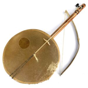 Traditional Soku one-string fiddle with kangaroo skin, calabash resonator and rope-secured hide